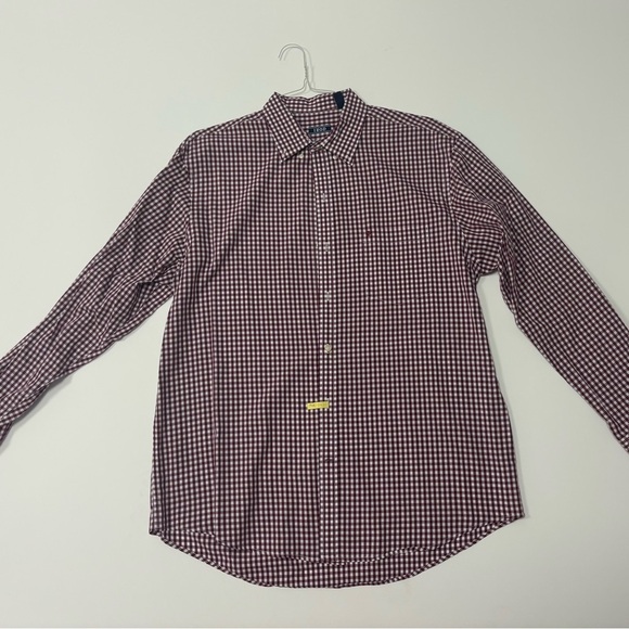IZOD Men’s Dress Shirt Size Large – Burgundy Gingham Check Long Sleeve - Picture 1 of 5
